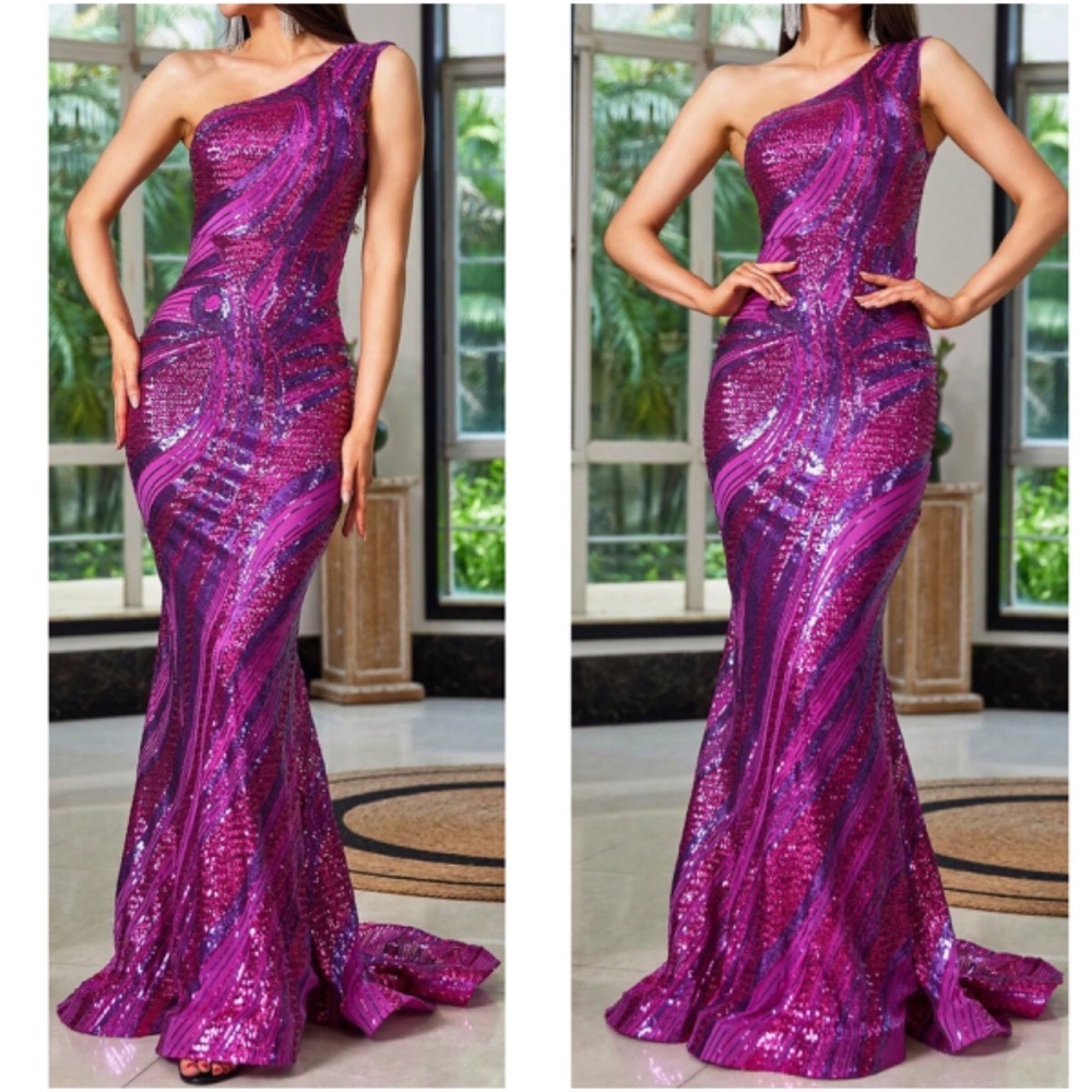 Luxe Sequin One Shoulder Party Evening Wedding Prom Dress
